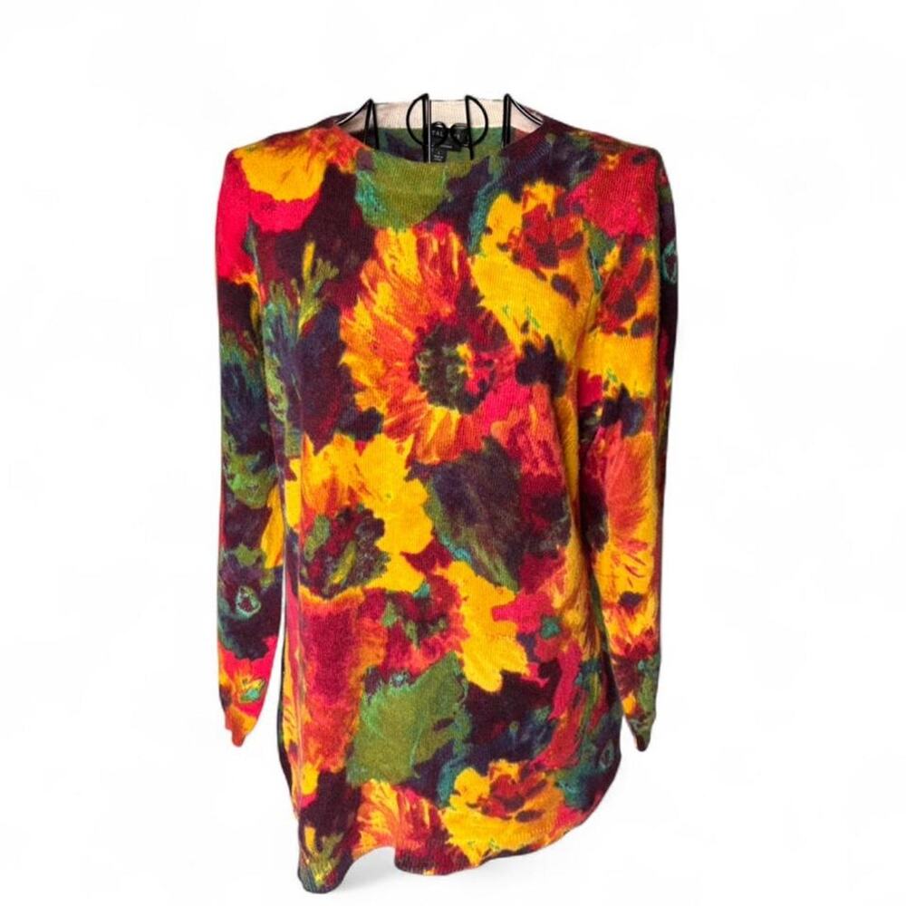 Talbots Pure Cashmere Floral Crewneck Sweater Large Vibrant Abstract Print